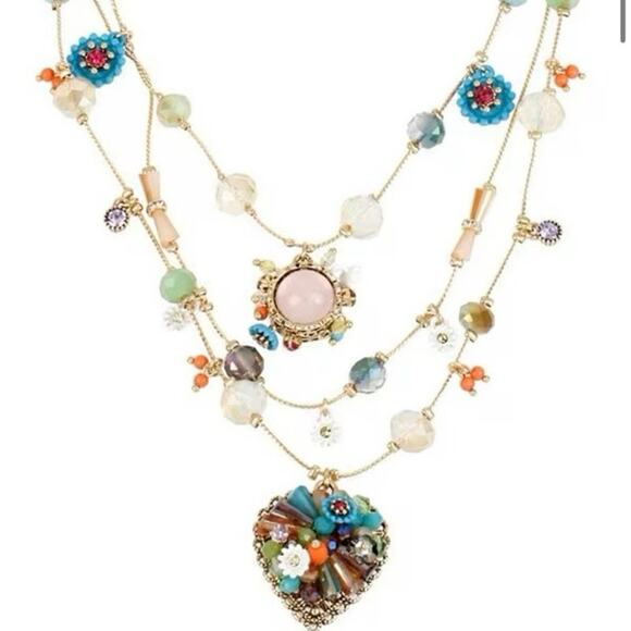 Betsey Johnson MultiStrand Bead Flower Heart Illusion Multicolor Necklace - Picture 2 of 9